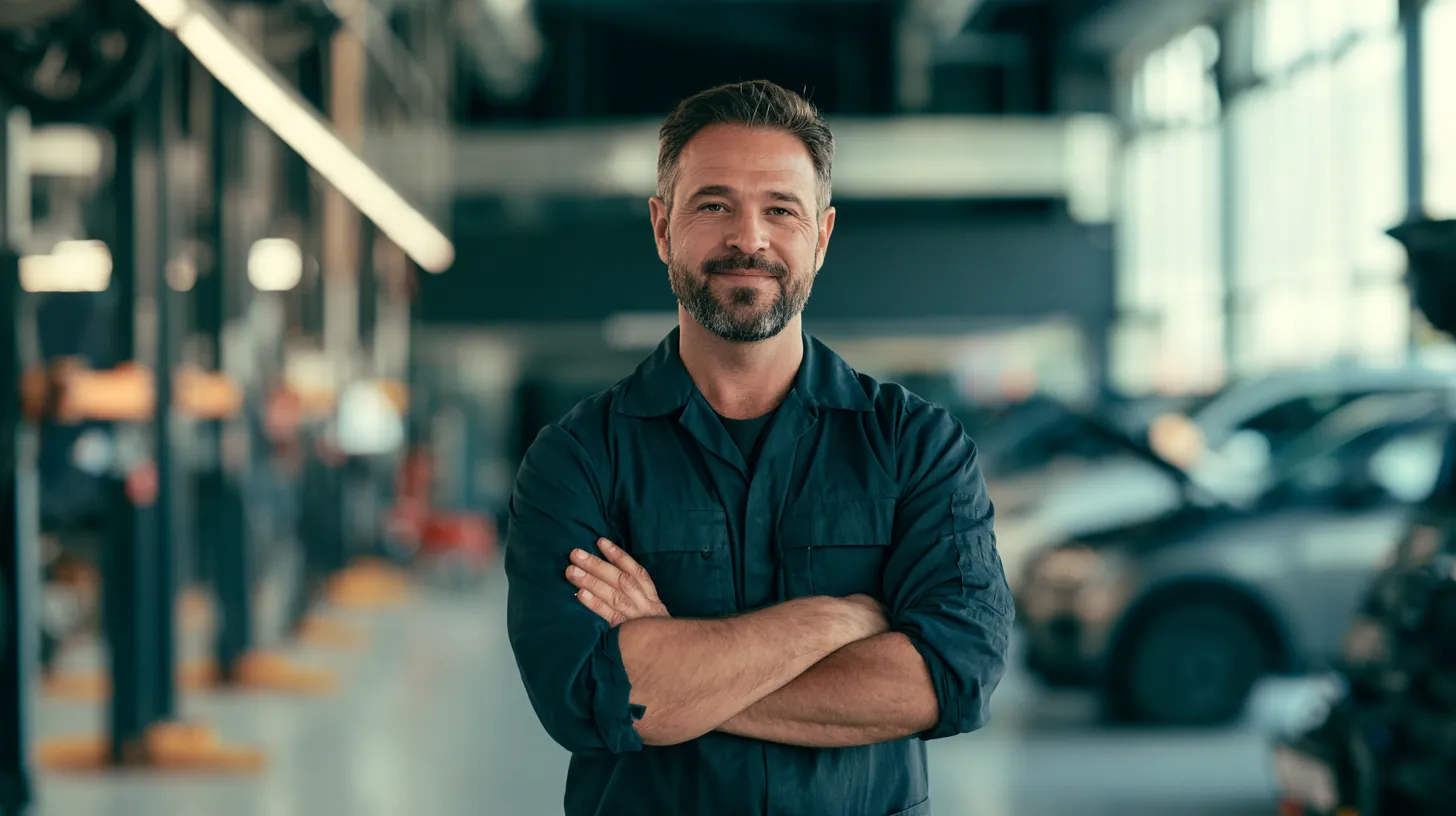 Mechanic standing in a clean modern repair garage