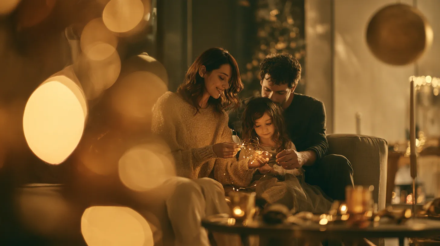 Family decorating a modern living room for the holidays