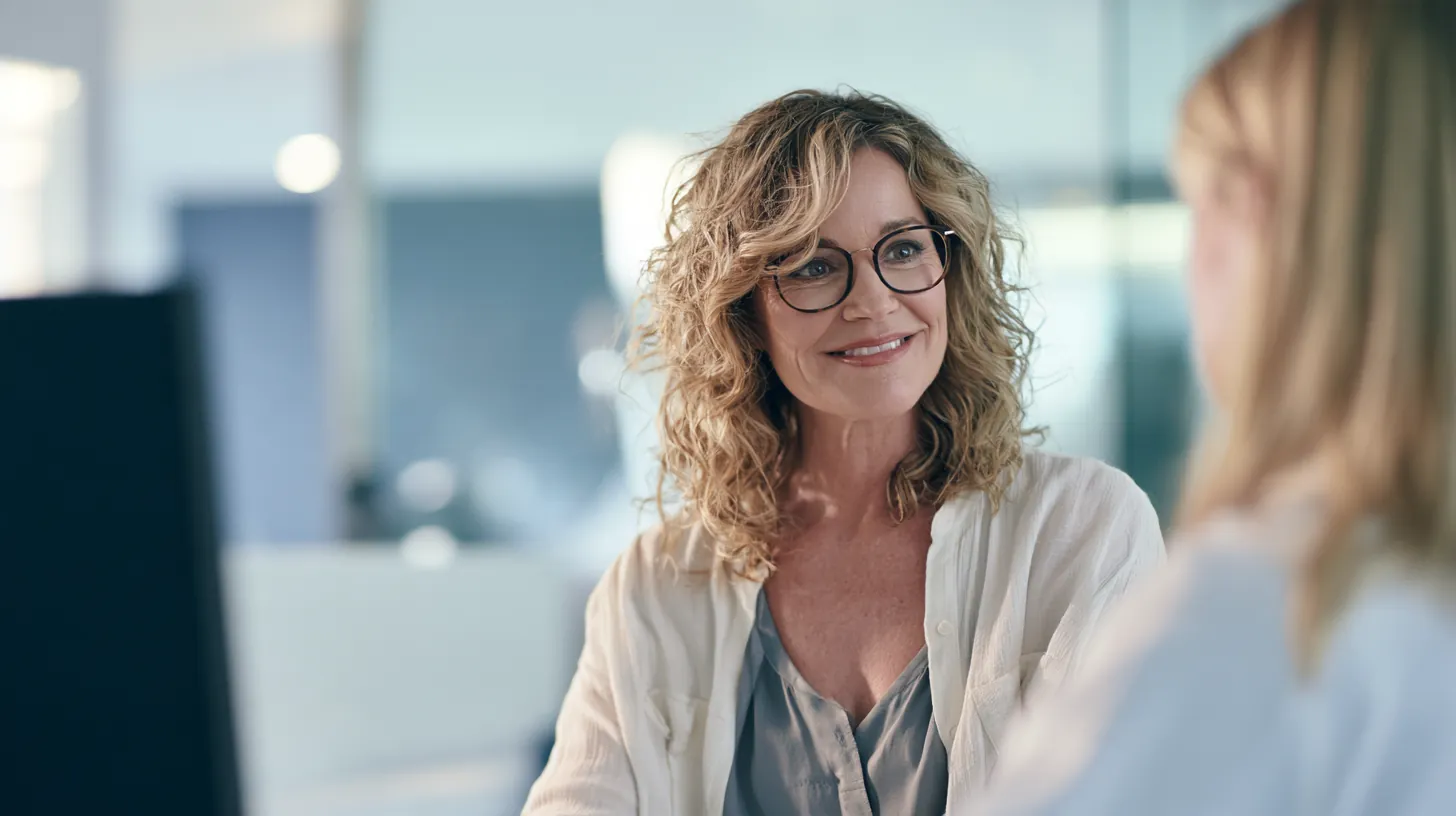 Patient speaking calmly with a consultant at a modern clinic