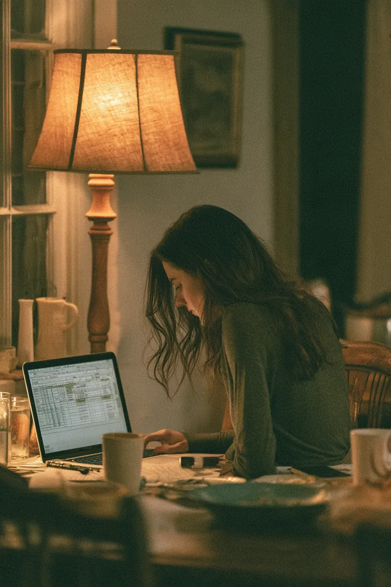 Woman reviewing her personal loan budget spreadsheet at a dining table