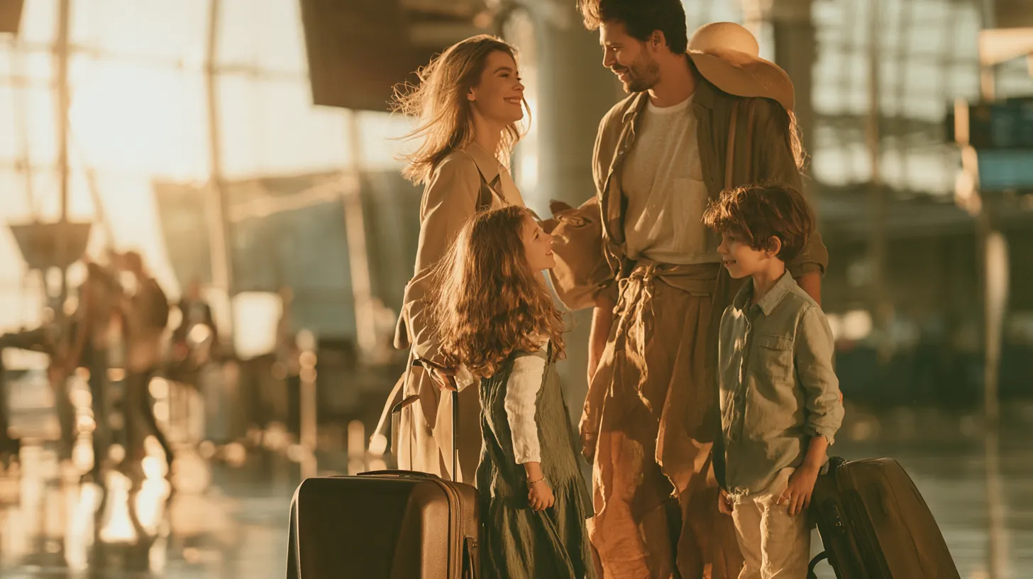 Family of four with luggage at a sunlit airport departure hall